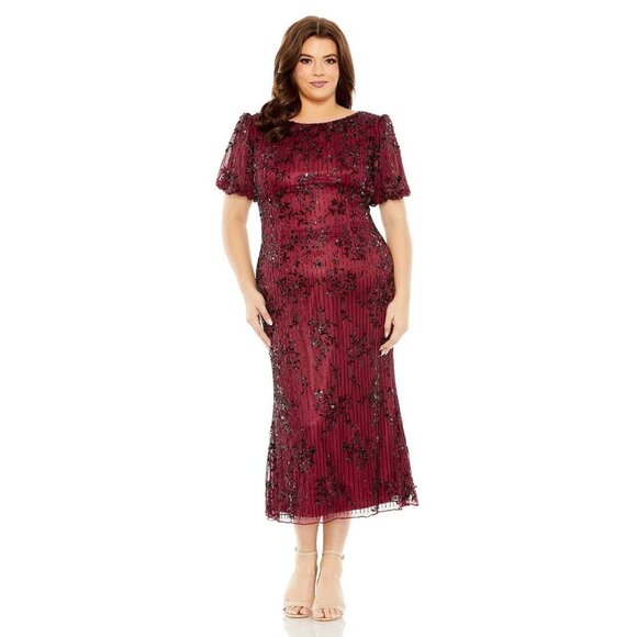 NWT Mac Duggal High Neck Puff Sleeve Embellished Dress Burgundy 20W - Picture 1 of 7